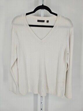 Amber Sun Womens Sz M Long Sleeve V Neck Knit Top White Cotton Blend